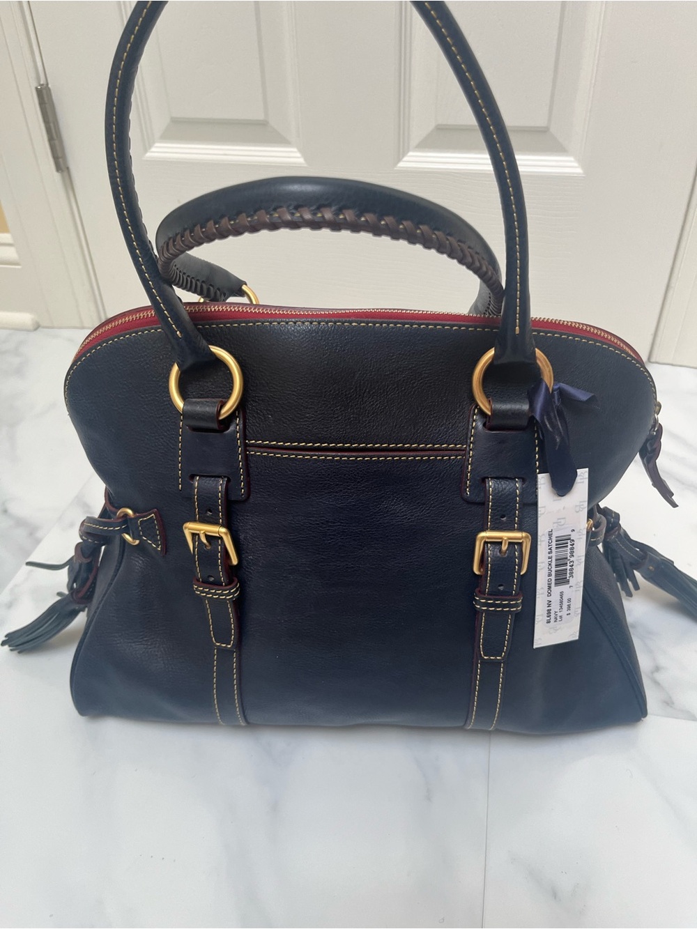 Women's Navy Leather Satchel Handbag with Gold Hardware